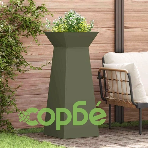Градинска саксия с колона маслинено зелено 40x40x100 см стомана ➤ топ цена ➤ sorbe.bg