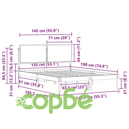 Леглова рамка с тапицирана табла от борово дърво светлосиво 135x190 см ➤ топ цена ➤ sorbe.bg