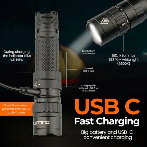 Мощен фенер Dulotec Ringo, 2400 лумена,  до 500 метра с батерия ➤ топ цена ➤ sorbe.bg