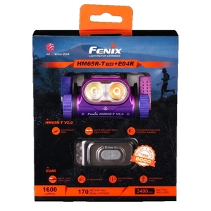 Челник Fenix HM65R-T V2.0 LED замъглено лилав + Фенер Fenix E04R LED - подаръчен комплект
