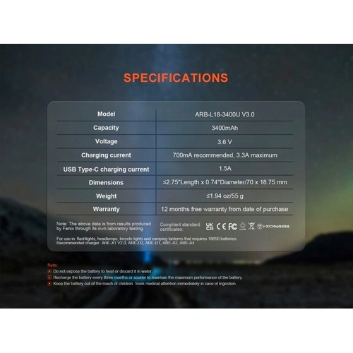 Батерия Fenix ARB-L18-3400U V3.0 - 18650 3400mAh ➤ топ цена ➤ sorbe.bg