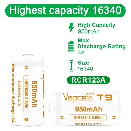 Батерия Vapcell 16340 T9 950mАh 3A ➤ топ цена ➤ sorbe.bg