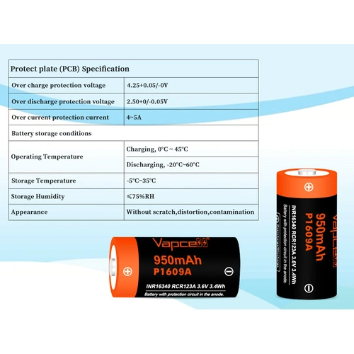 Батерия Vapcell 16340 P1609A 950mAh 3A ➤ топ цена ➤ sorbe.bg