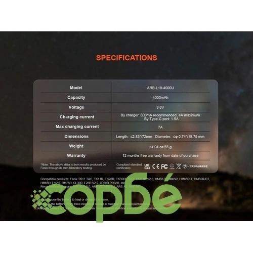 Батерия Fenix ARB-L18-4000U - 18650 4000mAh ➤ топ цена ➤ sorbe.bg