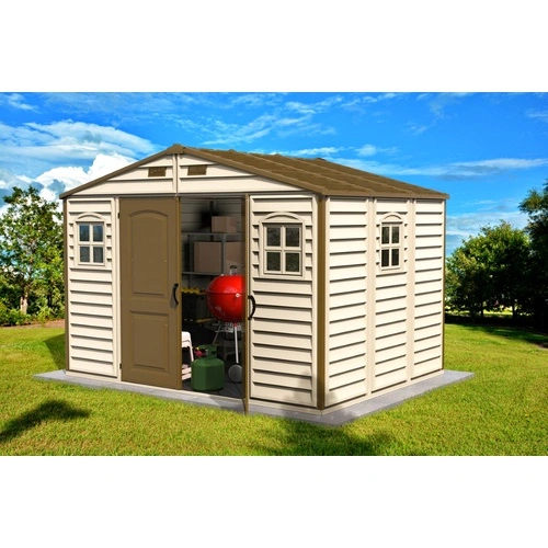 Градинска барака DuraMax WoodSide - винил с подсилена метална конструкция, 325 x 247 x 233 cm ➤ топ цена ➤ sorbe.bg