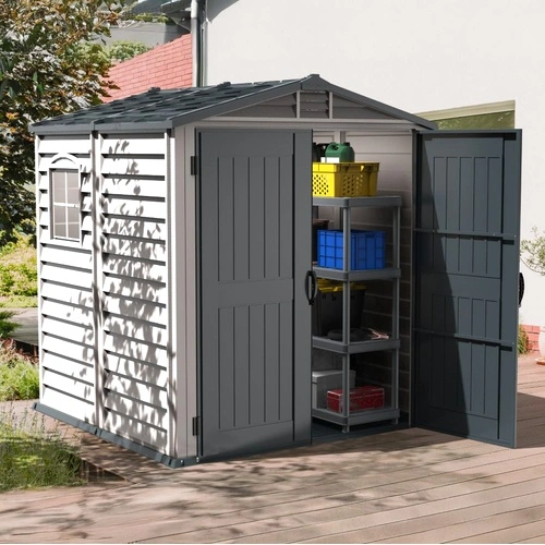 Градинска барака DuraMax StoreMate Plus - винил с подсилена метална конструкция, 191 x 191 x 213 cm ➤ топ цена ➤ sorbe.bg