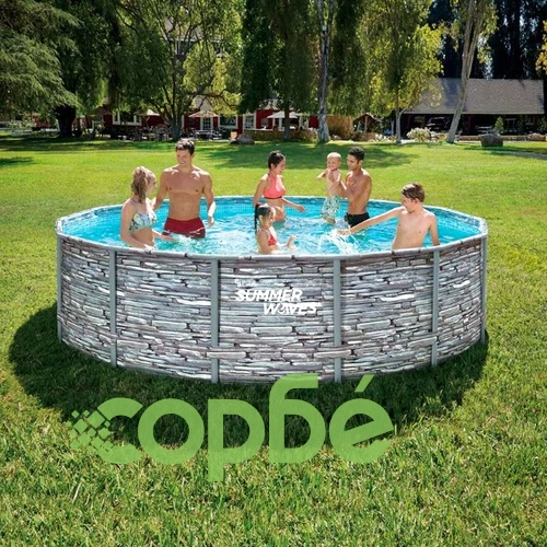 Басейн с метална рамка Summer Waves Active Frame - кръгъл, 427 x 107 cm, PVC-полиестер, сив камък ➤ топ цена ➤ sorbe.bg