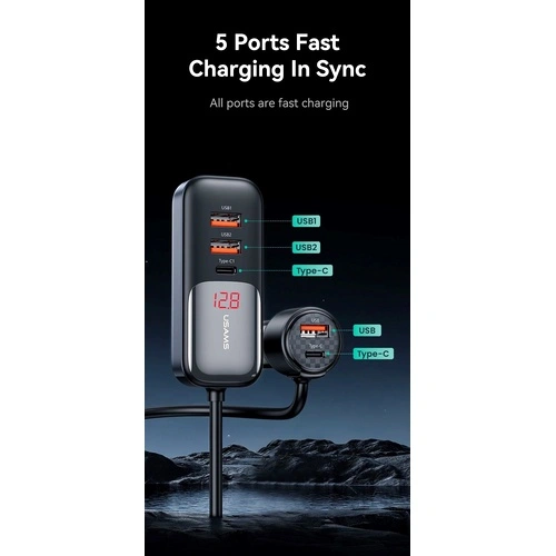 Зарядно за кола, USAMS S-CC213 C40 165W, 2 usb C + 3 usb A PPS, 5 изхода CC213CC01 ➤ топ цена ➤ sorbe.bg