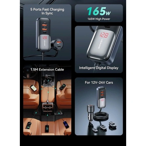 Зарядно за кола, USAMS S-CC213 C40 165W, 2 usb C + 3 usb A PPS, 5 изхода CC213CC01 ➤ топ цена ➤ sorbe.bg