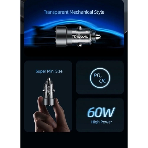 Зарядно за кола, USAMS US-CC208 C39 60W, 1 usb C + 1 usb A, 2 изхода CC208CC01 ➤ топ цена ➤ sorbe.bg