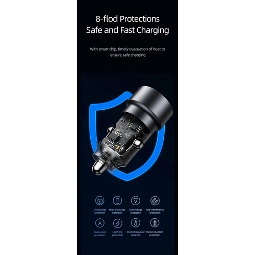 Зарядно за кола, USAMS US-CC208 C39 60W, 1 usb C + 1 usb A, 2 изхода CC208CC01 ➤ топ цена ➤ sorbe.bg
