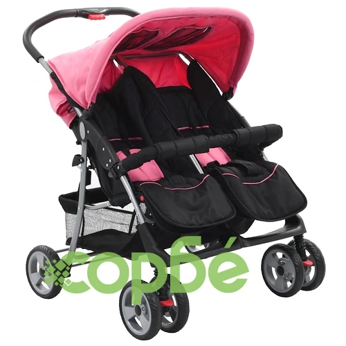 Бебешка количка за близнаци, розово и черно, стомана ➤ топ цена ➤ sorbe.bg