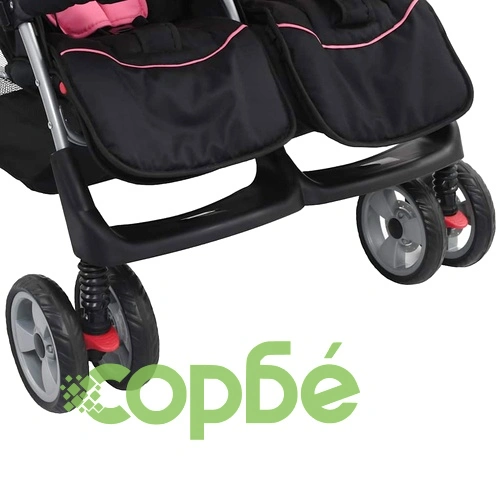 Бебешка количка за близнаци, розово и черно, стомана ➤ топ цена ➤ sorbe.bg