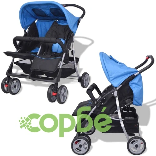 Бебешка количка за близнаци, стомана, синьо и черно ➤ топ цена ➤ sorbe.bg
