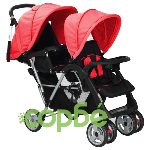 Тандемна количка, стомана, червено и черно  ➤ топ цена ➤ sorbe.bg