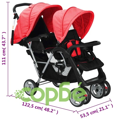 Тандемна количка, стомана, червено и черно  ➤ топ цена ➤ sorbe.bg