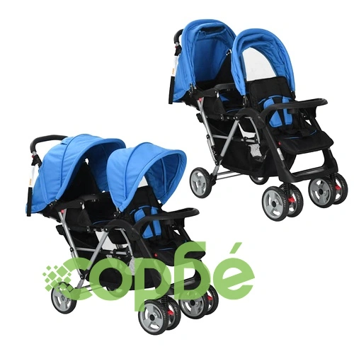 Тандемна количка, стомана, синьо и черно  ➤ топ цена ➤ sorbe.bg