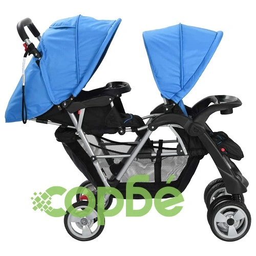 Тандемна количка, стомана, синьо и черно  ➤ топ цена ➤ sorbe.bg