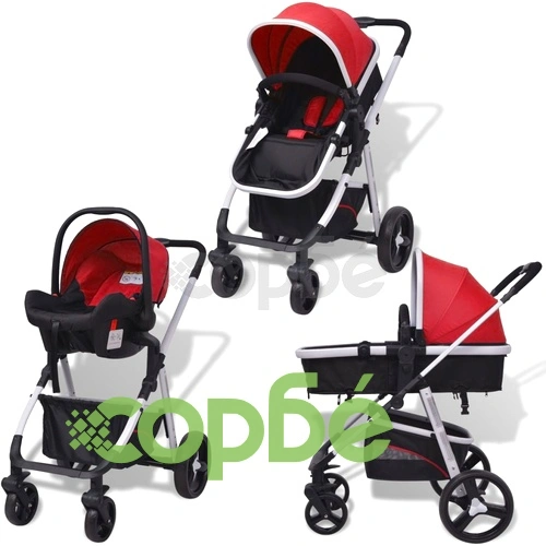 Бебешка количка 3-в-1, алуминиева, червено и черно ➤ топ цена ➤ sorbe.bg