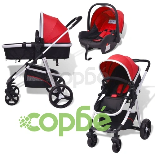 Бебешка количка 3-в-1, алуминиева, червено и черно ➤ топ цена ➤ sorbe.bg