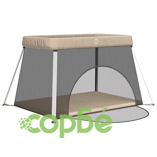 Бебешка кошара с матрак, таупе, ленен плат ➤ топ цена ➤ sorbe.bg