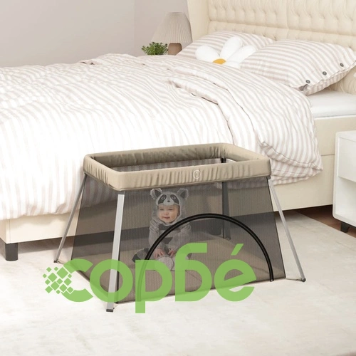 Бебешка кошара с матрак, таупе, ленен плат ➤ топ цена ➤ sorbe.bg