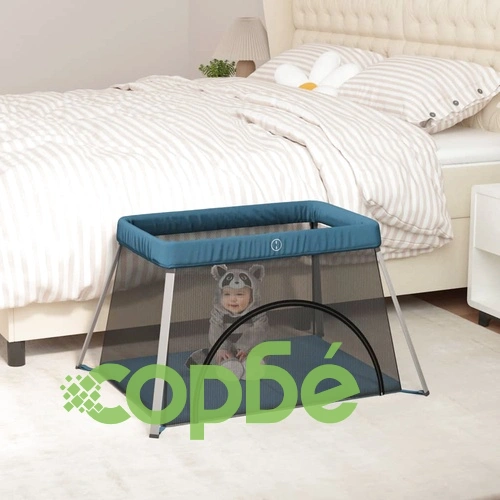 Бебешка кошара с матрак, нейви, ленен плат ➤ топ цена ➤ sorbe.bg