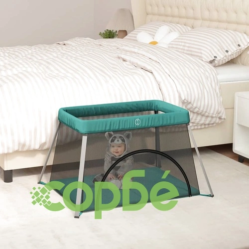 Бебешка кошара с матрак, зелена, ленен плат ➤ топ цена ➤ sorbe.bg