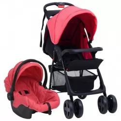 Бебешка количка 3-в-1, червено и черно, стомана