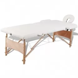 Кремавобяла сгъваема масажна кушетка 2 зони с дървена рамка