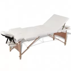 Кремавобяла сгъваема масажна кушетка 3 зони с дървена рамка