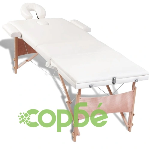 Кремавобяла сгъваема масажна кушетка 3 зони с дървена рамка ➤ топ цена ➤ sorbe.bg