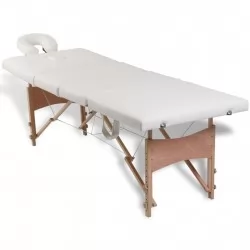 Кремавобяла сгъваема масажна кушетка 4 зони с дървена рамка
