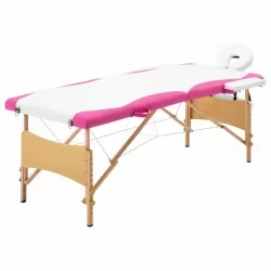 Сгъваема масажна кушетка, 2 зони, дърво, бяло и розово