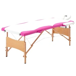 Сгъваема масажна кушетка, 2 зони, дърво, бяло и розово