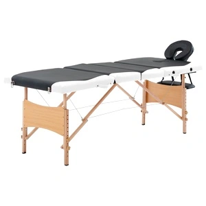 Сгъваема масажна кушетка, 4 зони, дърво, черно и бяло