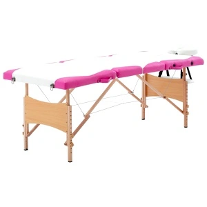 Сгъваема масажна кушетка, 4 зони, дърво, бяло и розово