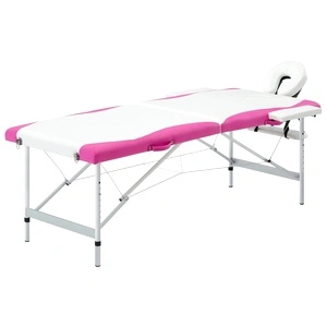 2-зонова сгъваема масажна кушетка, алуминий, бяло и розово