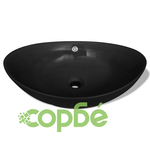 Луксозна керамична мивка с преливник, овална, черна, 59 x 38,5 см ➤ топ цена ➤ sorbe.bg