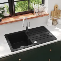 Гранитна кухненска мивка с корито и отцедник, черна, две монт. позиции