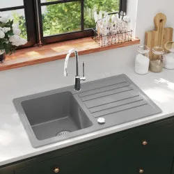 Гранитна кухненска мивка с едно корито и отцедник, сива