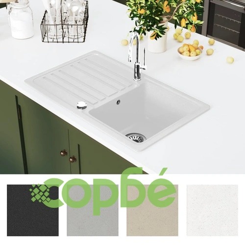 Гранитна кухненска мивка с  корито и отцедник, кремава, две позиции ➤ топ цена ➤ sorbe.bg