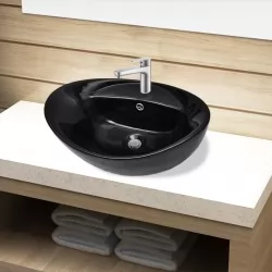 Керамична овална мивка с преливник и отвор за смесител, черна