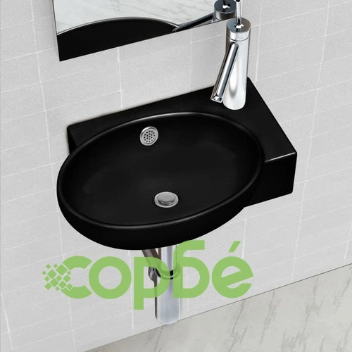 Керамична мивка за баня с преливник, отвор за смесител, черна, кръгла ➤ топ цена ➤ sorbe.bg