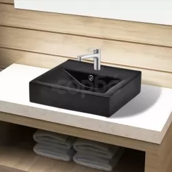 Керамична правоъгълна мивка с преливник отвор за смесител черна