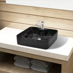 Керамична мивка с отвор за смесител, черна, квадратна 