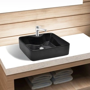 Керамична мивка с отвор за смесител, черна, квадратна 