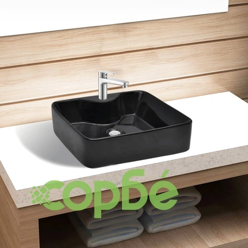 Керамична мивка с отвор за смесител, черна, квадратна  ➤ топ цена ➤ sorbe.bg