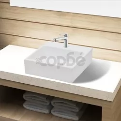 Керамична мивка с отвор за смесител, бяла, квадратна 