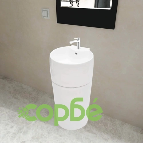 Керамична мивка на стойка, преливник, отвор за смесител, бяла, кръгла ➤ топ цена ➤ sorbe.bg